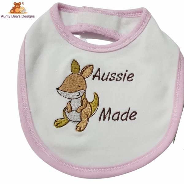 Super cute 100% cotton/towelling bib with embroidered design "Aussie Made" and baby kangaroo. Handmade in Australia.