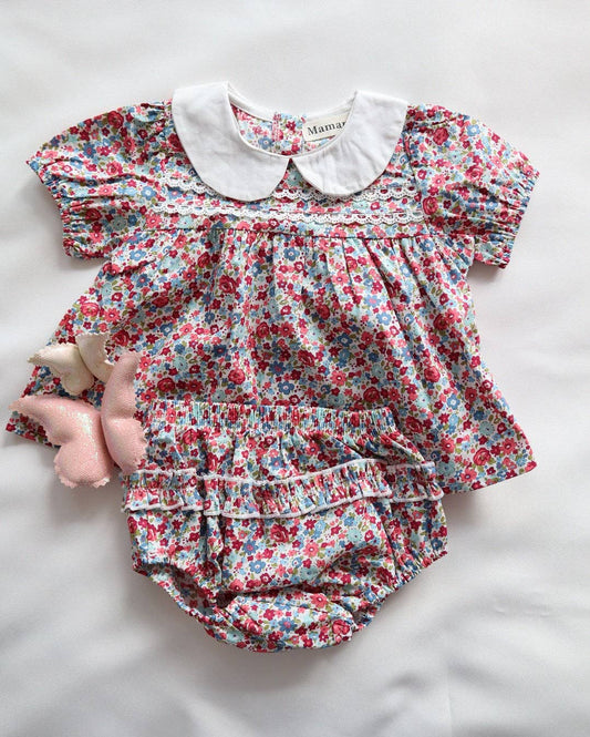 2Pcs Set Baby Girls Floral Print Collar Top and Shorts. 100% Cotton Clothing Set.: 0-6m