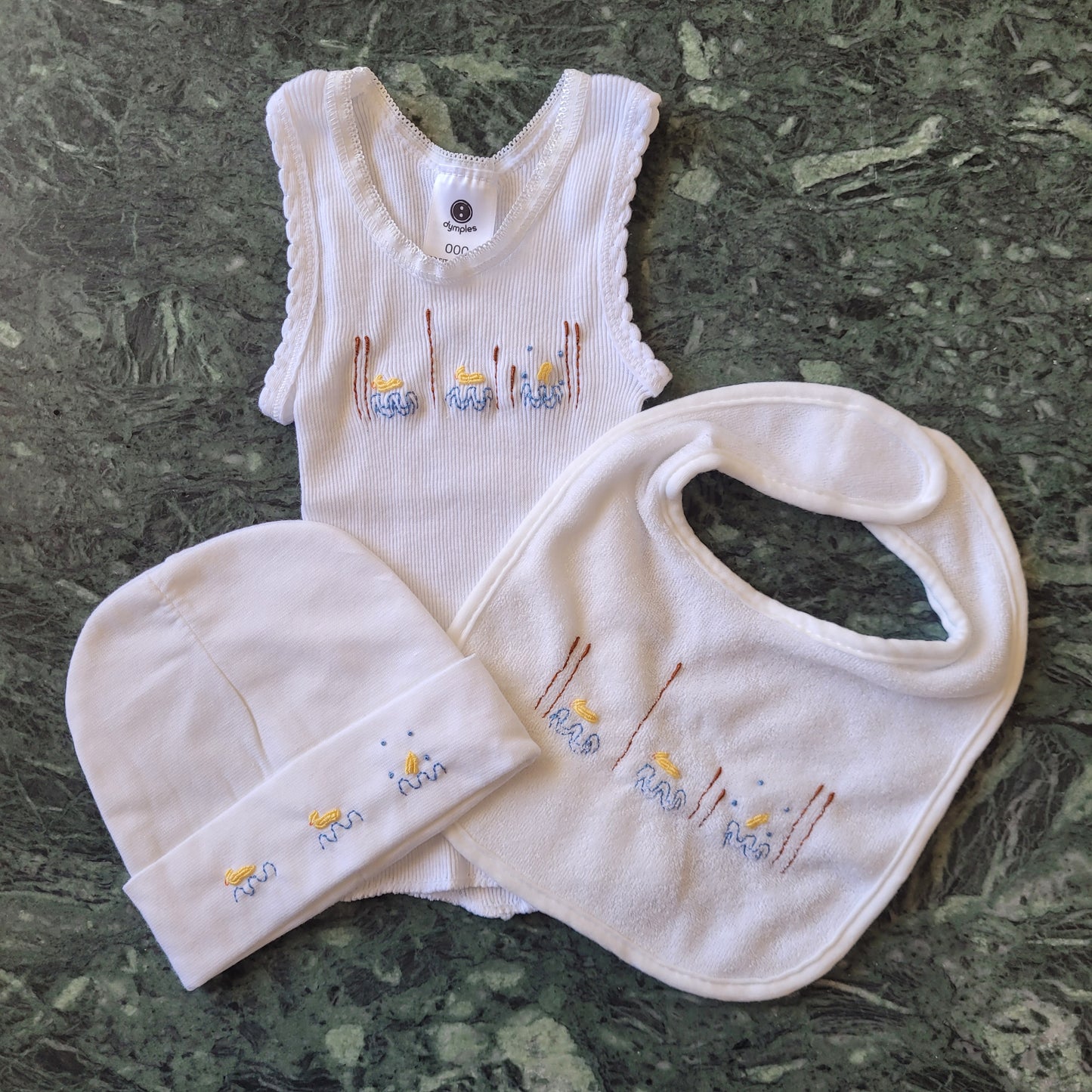 Embroidered Singlet, Beanie and Bib Set