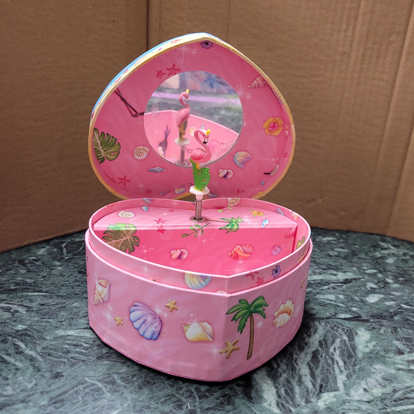 Heart Shaped Musical Jewelry Box Flamingo