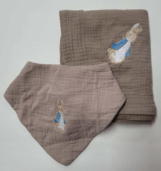 Brown Peter Rabbit Muslin Wrap and Bib Set