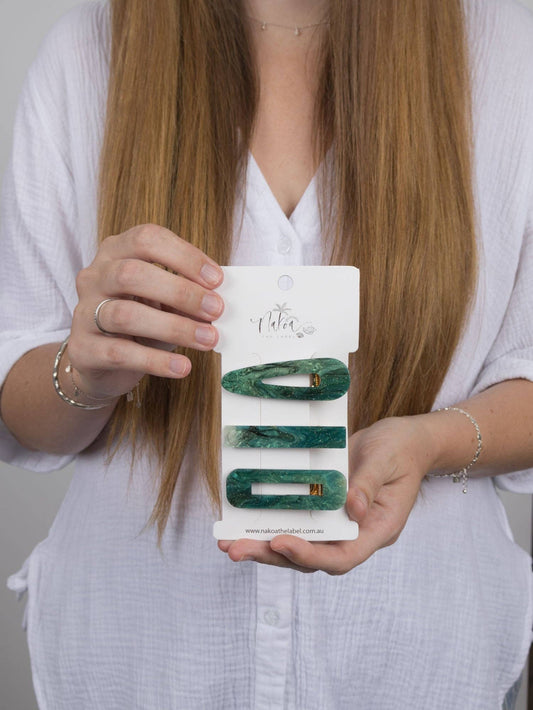 Hair Clip - Set of 3 - Acetate -- Green Envy
