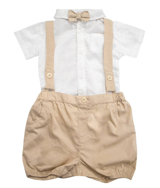 Georgie Baby Three Piece Suit:  Bowtie, Shirt and Overalls Set in Fawn / Cotton / 9-12 m
