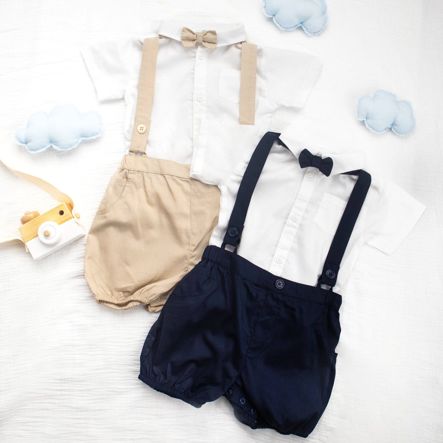 Georgie Baby Three Piece Suit:  Bowtie, Shirt and Overalls Set in Fawn / Cotton / 9-12 m