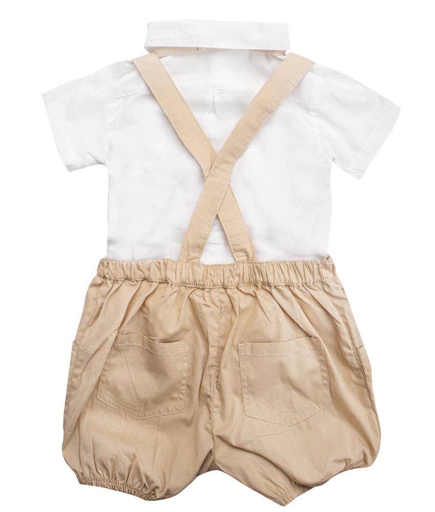 Georgie Baby Three Piece Suit:  Bowtie, Shirt and Overalls Set in Fawn / Cotton / 9-12 m