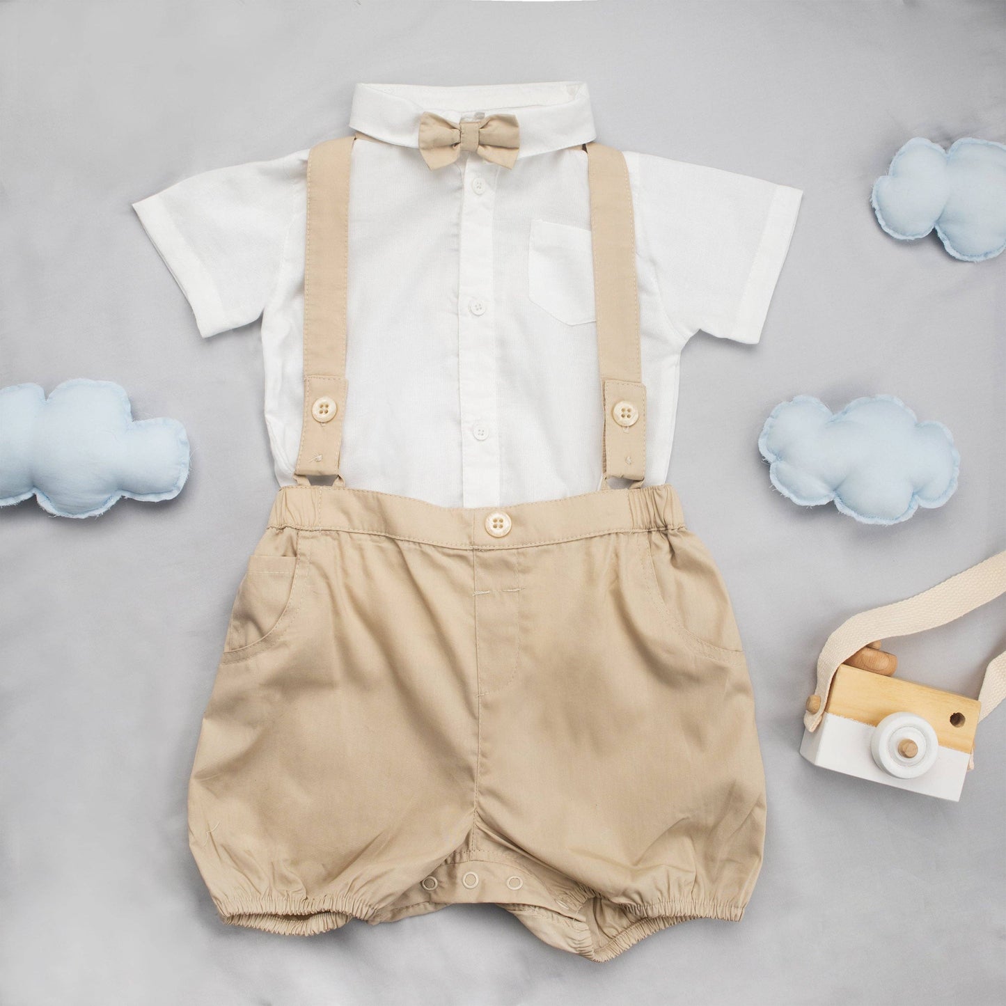 Georgie Baby Three Piece Suit:  Bowtie, Shirt and Overalls Set in Fawn / Cotton / 9-12 m