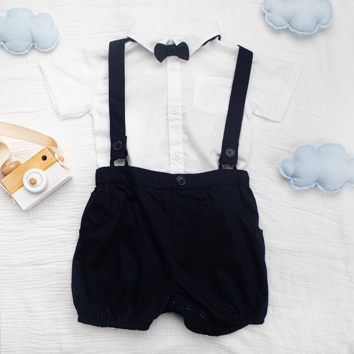 Georgie Baby Three Piece Suit:  Bowtie, Shirt and Overalls Set in Fawn / Cotton / 9-12 m