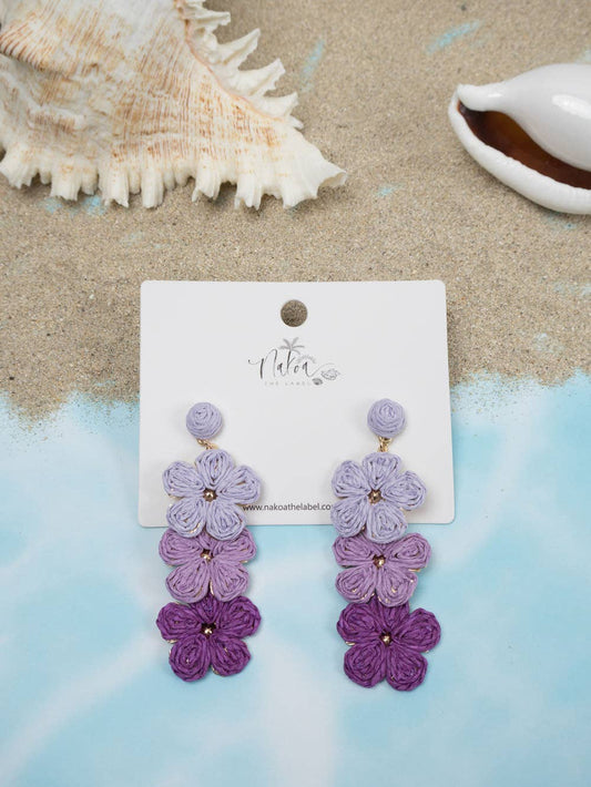 Flower Trio Raffia Earrings - Purple