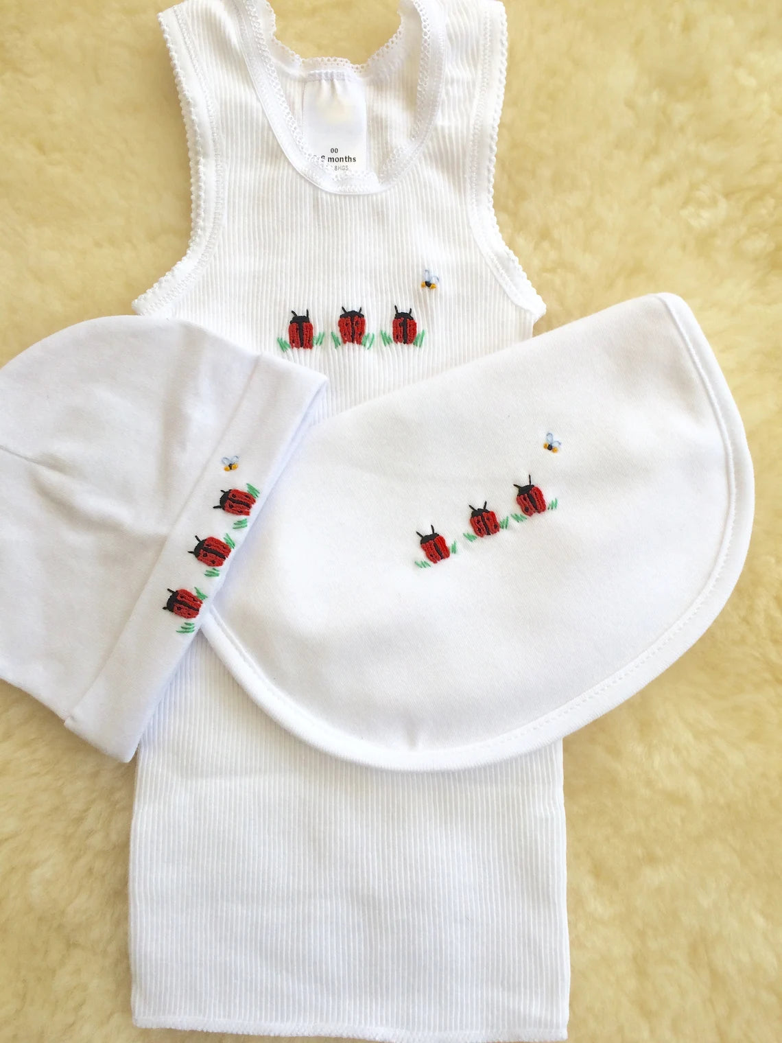 Embroidered Singlet, Beanie and Bib Set