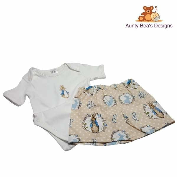 Embroidered Peter Rabbit Bodysuit and shorts set custom order Aunty Bea's Designs 