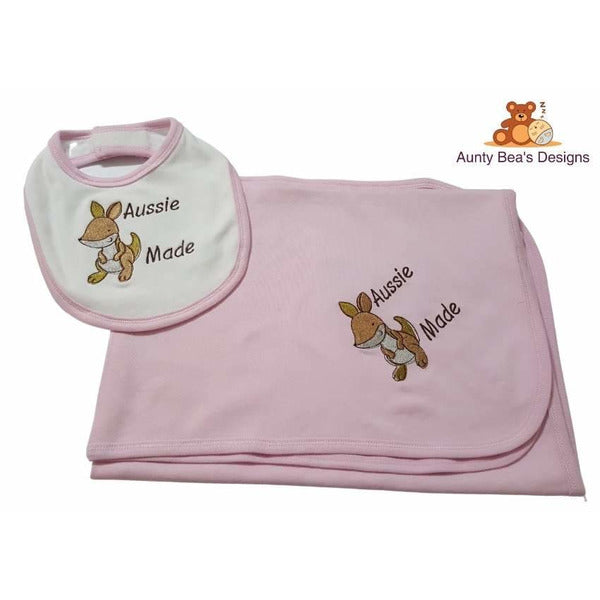 IN STOCK - Pink "Aussie Made" Bib and Blanket - Aunty Beas Designs