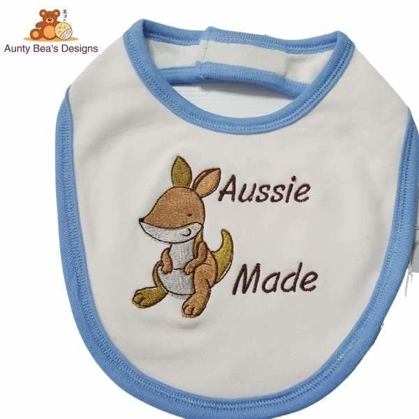 Super cute 100% cotton/towelling bib with embroidered design "Aussie Made" and baby kangaroo.  Handmade in Australia.