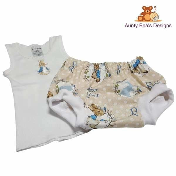 Peter Rabbit singlet and nappy cover Set Baby Gift Set Aunty Bea's Designs 000 white